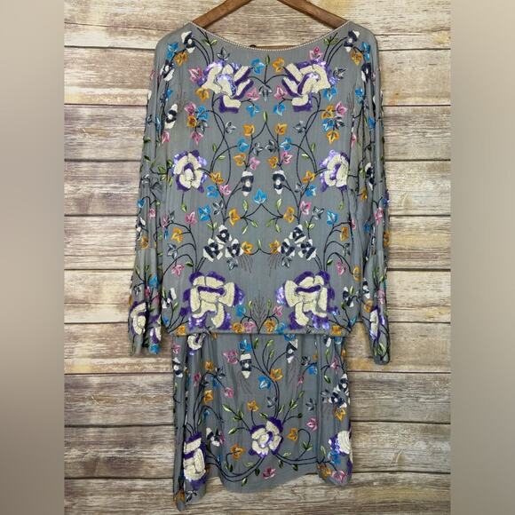 Vintage L heavily embroidered and beaded skirt set sage green floral motif - Picture 1 of 12